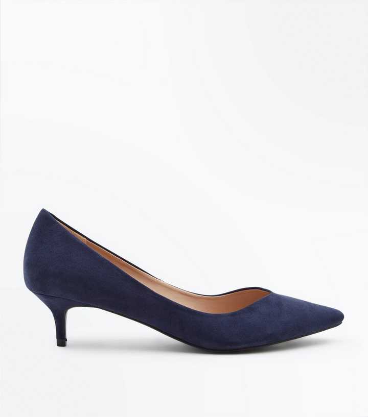 Navy Suedette V Front Pointed Kitten Heels