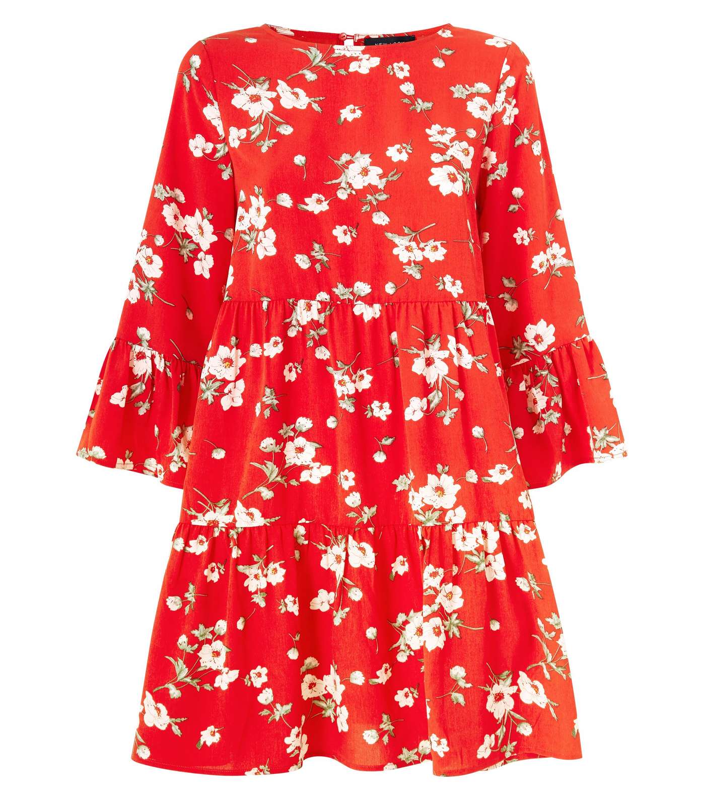 Red Floral Bell Sleeve Tiered Smock Dress Image 4