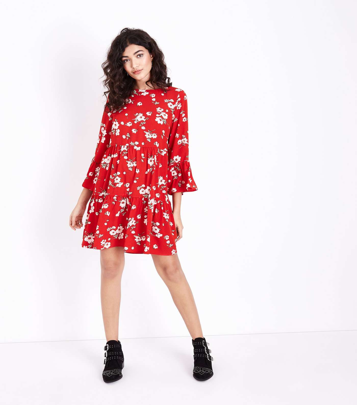 Red Floral Bell Sleeve Tiered Smock Dress Image 2