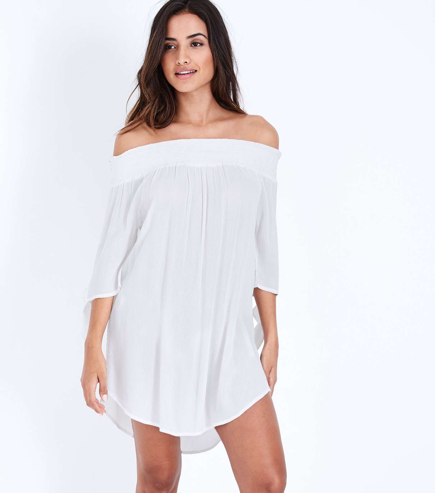 White Shirred Bardot Neck Beach Dress 