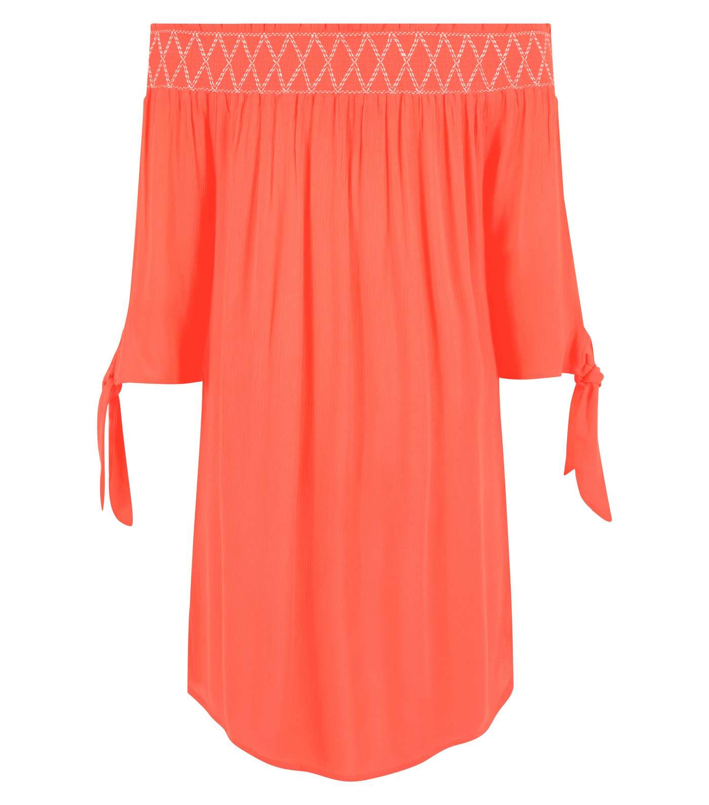Coral Neon Shirred Bardot Neck Beach Dress  Image 5