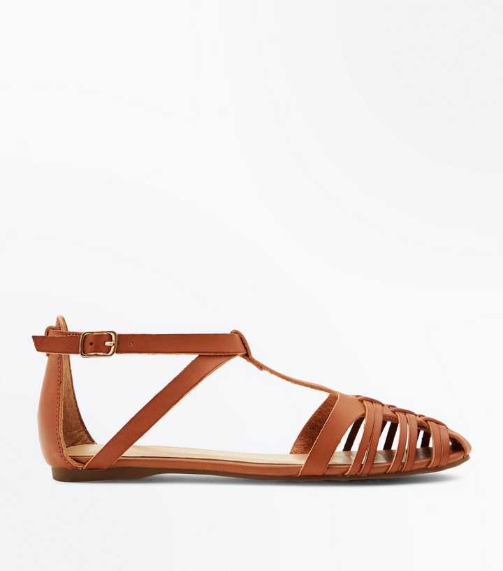 Tan Woven Caged T-Bar Pumps