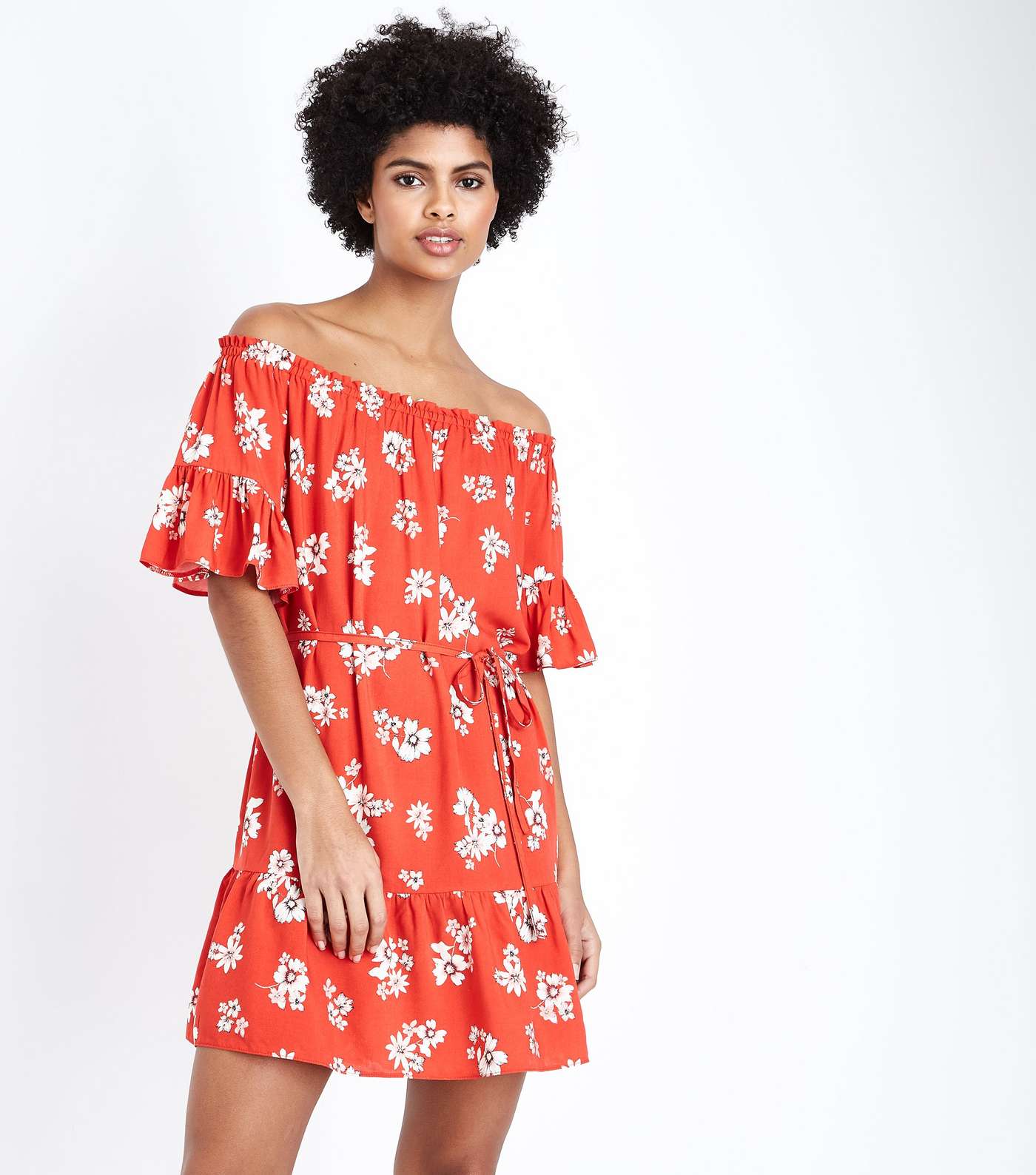 Red Floral Tiered Bardot Dress