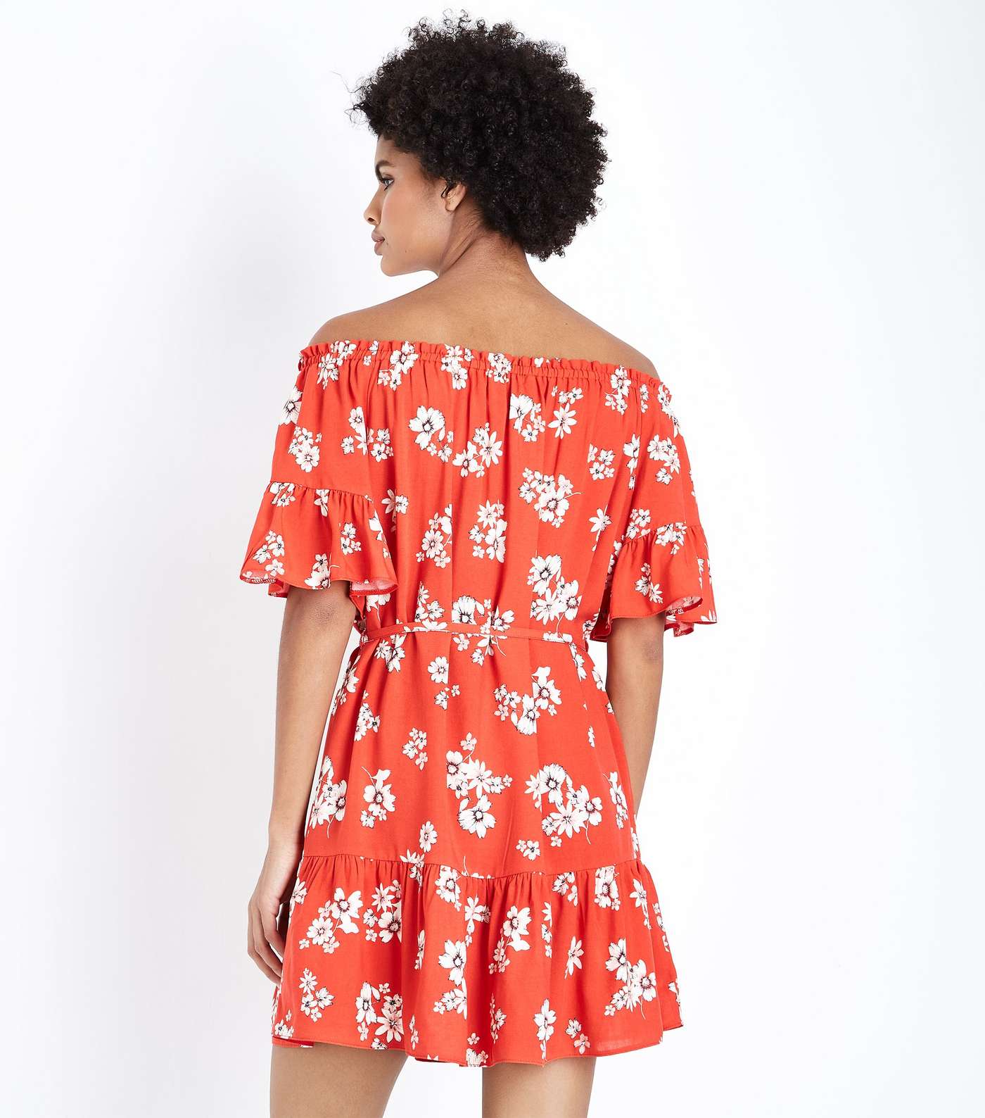 Red Floral Tiered Bardot Dress Image 3