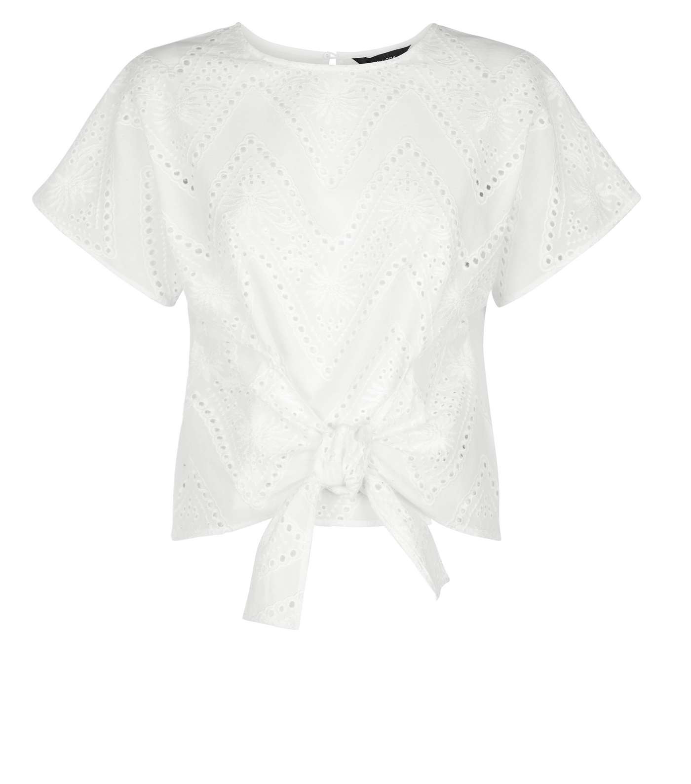 White Embroidered Cut Out Tie Front T-Shirt Image 4