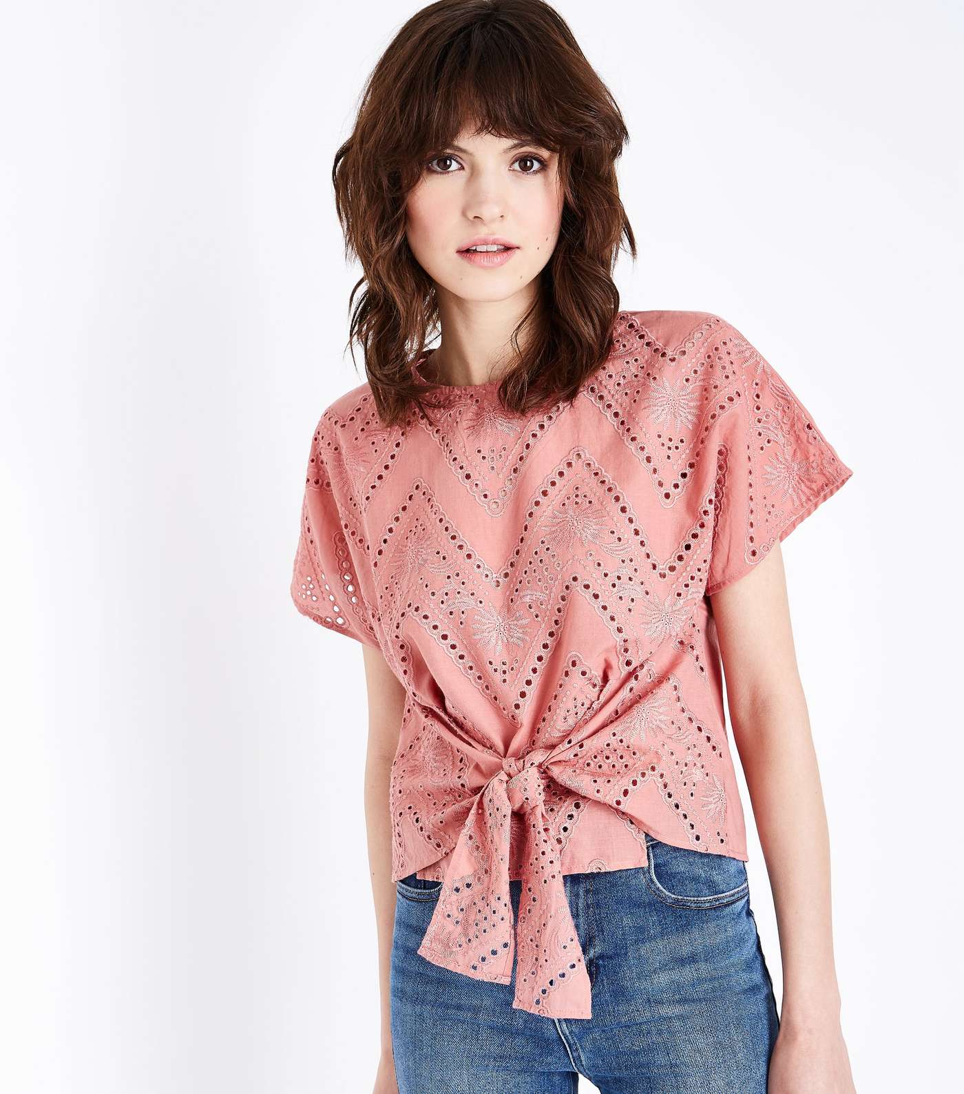 Coral Embroidered Cut Out Tie Front T-Shirt