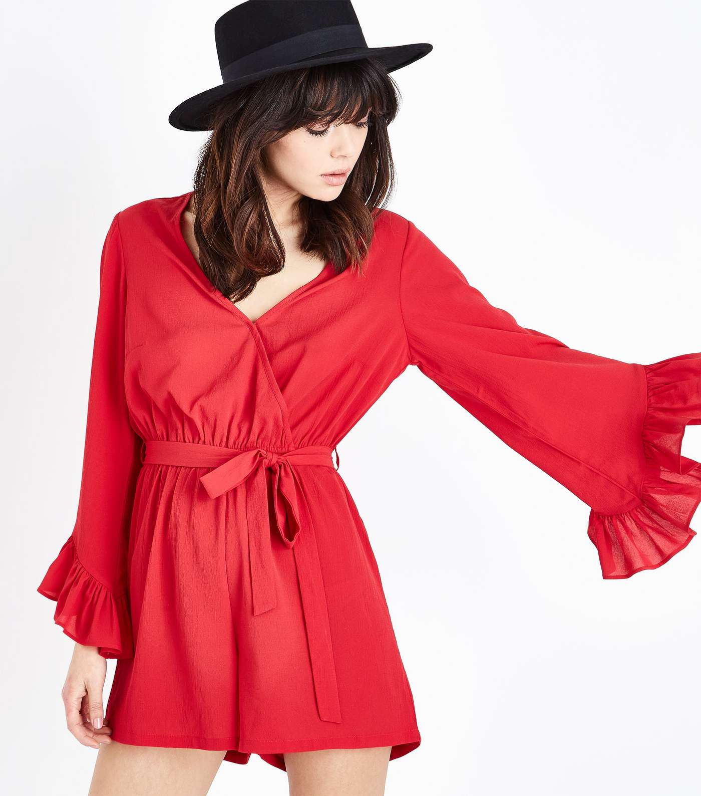 Red Frill Sleeve Wrap Playsuit