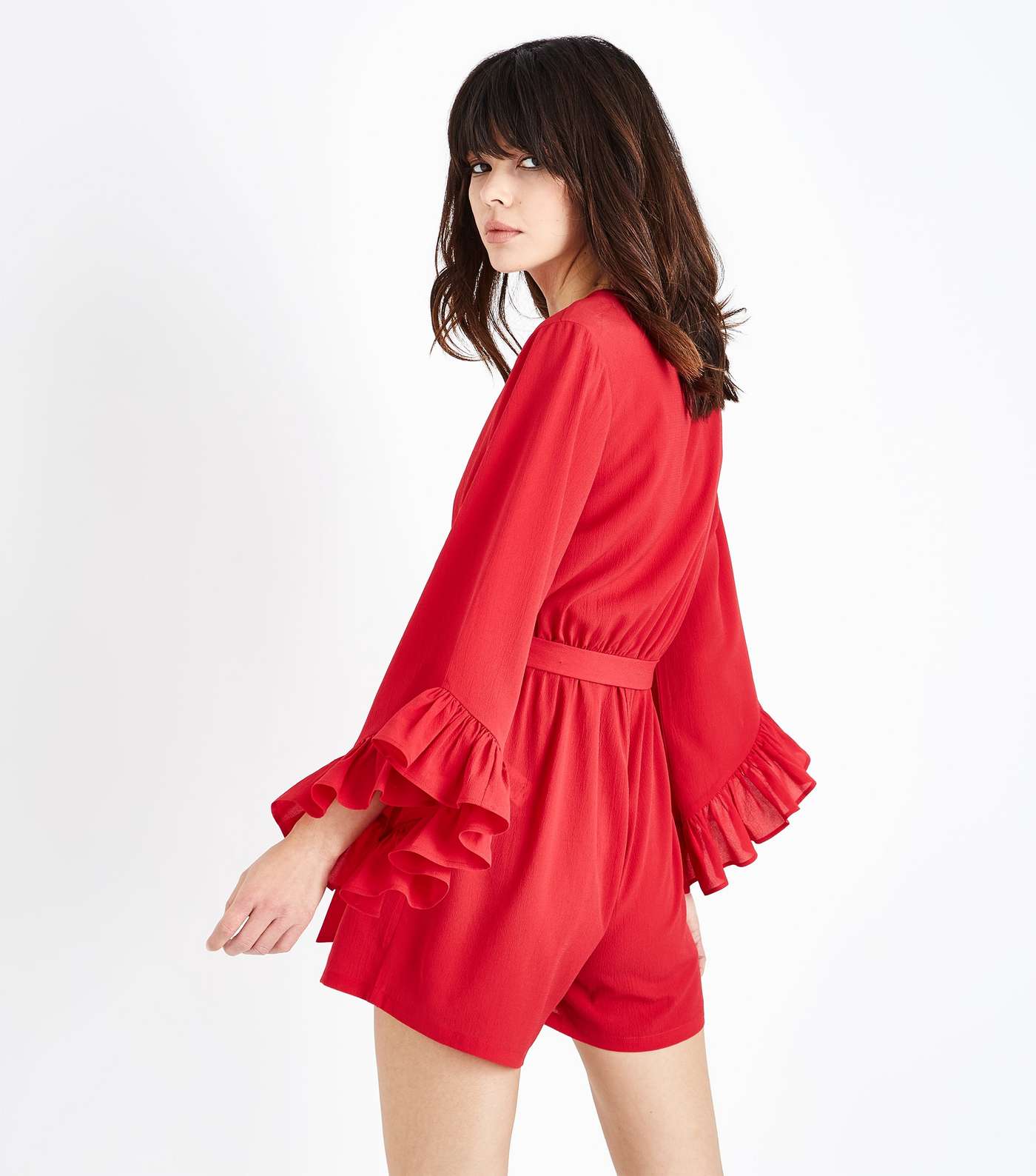 Red Frill Sleeve Wrap Playsuit Image 3
