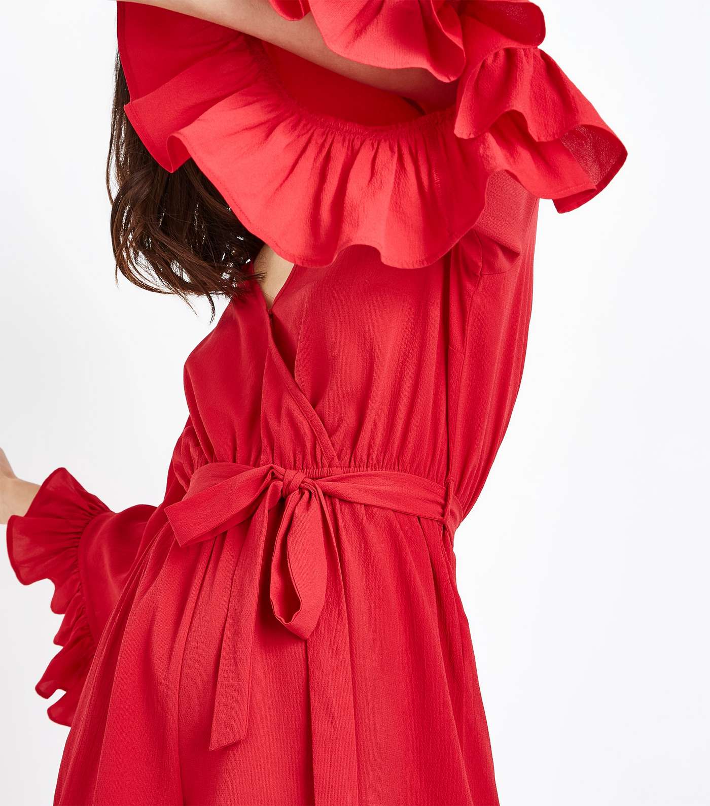 Red Frill Sleeve Wrap Playsuit Image 5