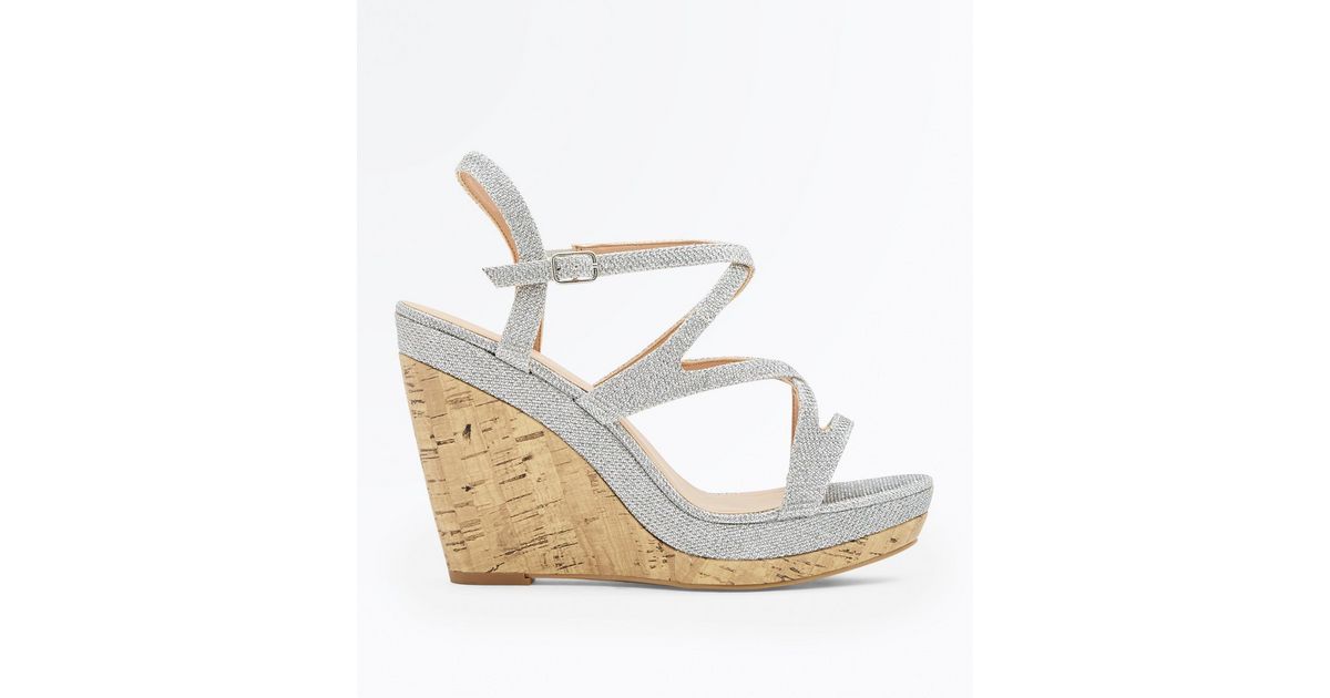 Silver Glitter Strappy Cork Wedges New Look