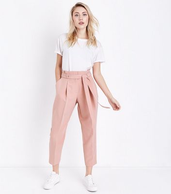Petite Pink Paperbag Waist Tapered Trousers  New Look