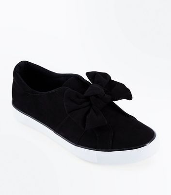 Black Suedette Bow Top Slip On Trainers 