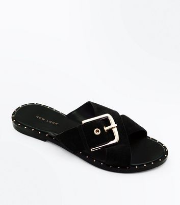 Black Suede Cross Strap Studded Sliders 