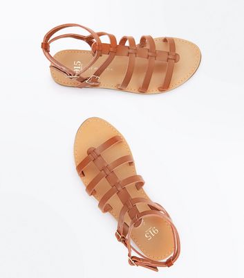 Tan Leather-Look Footbed Mid Block Heel Gladiator Sandals | New Look