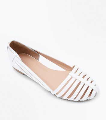 White Leather Woven Caged Ballet Pumps 