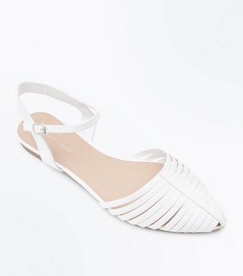 White Woven Caged Pointed Ballet Pumps 