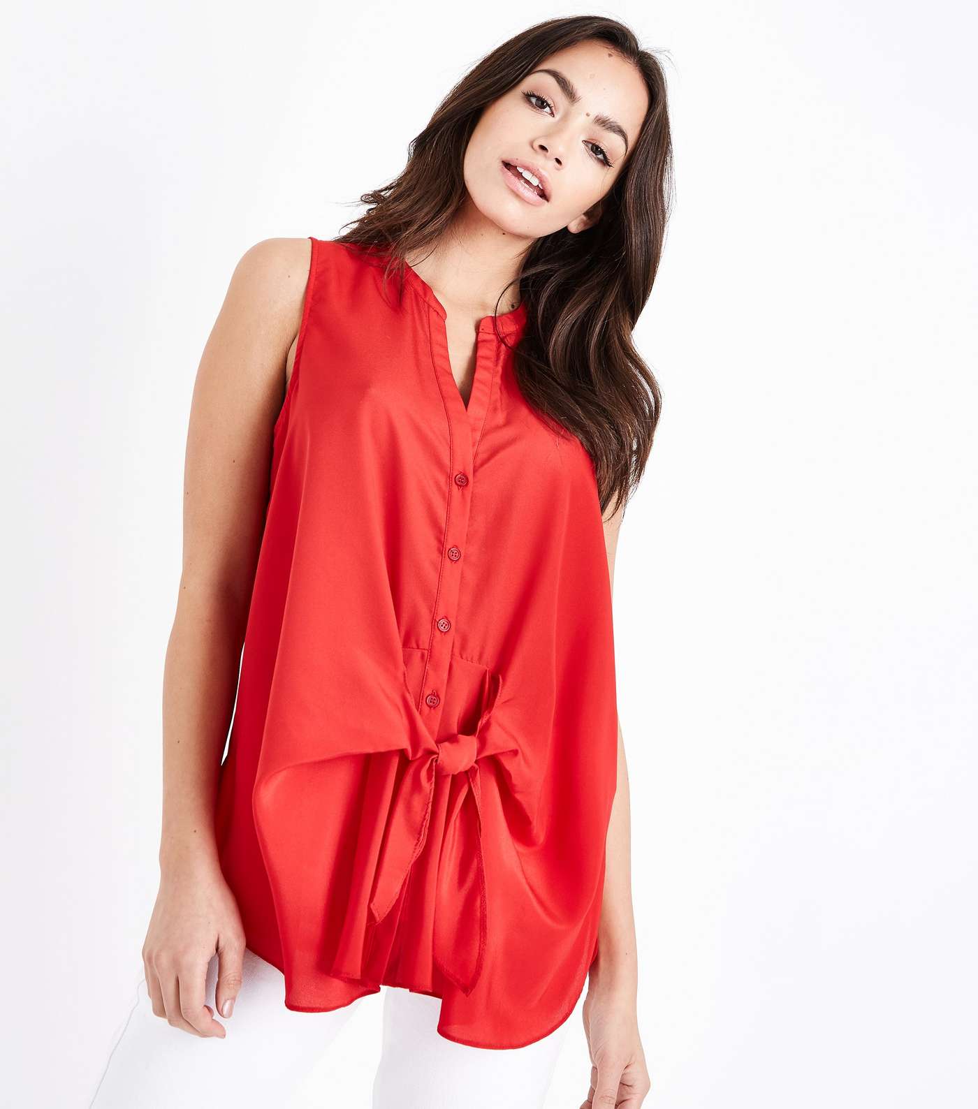 Red Tie Front Sleeveless Shirt