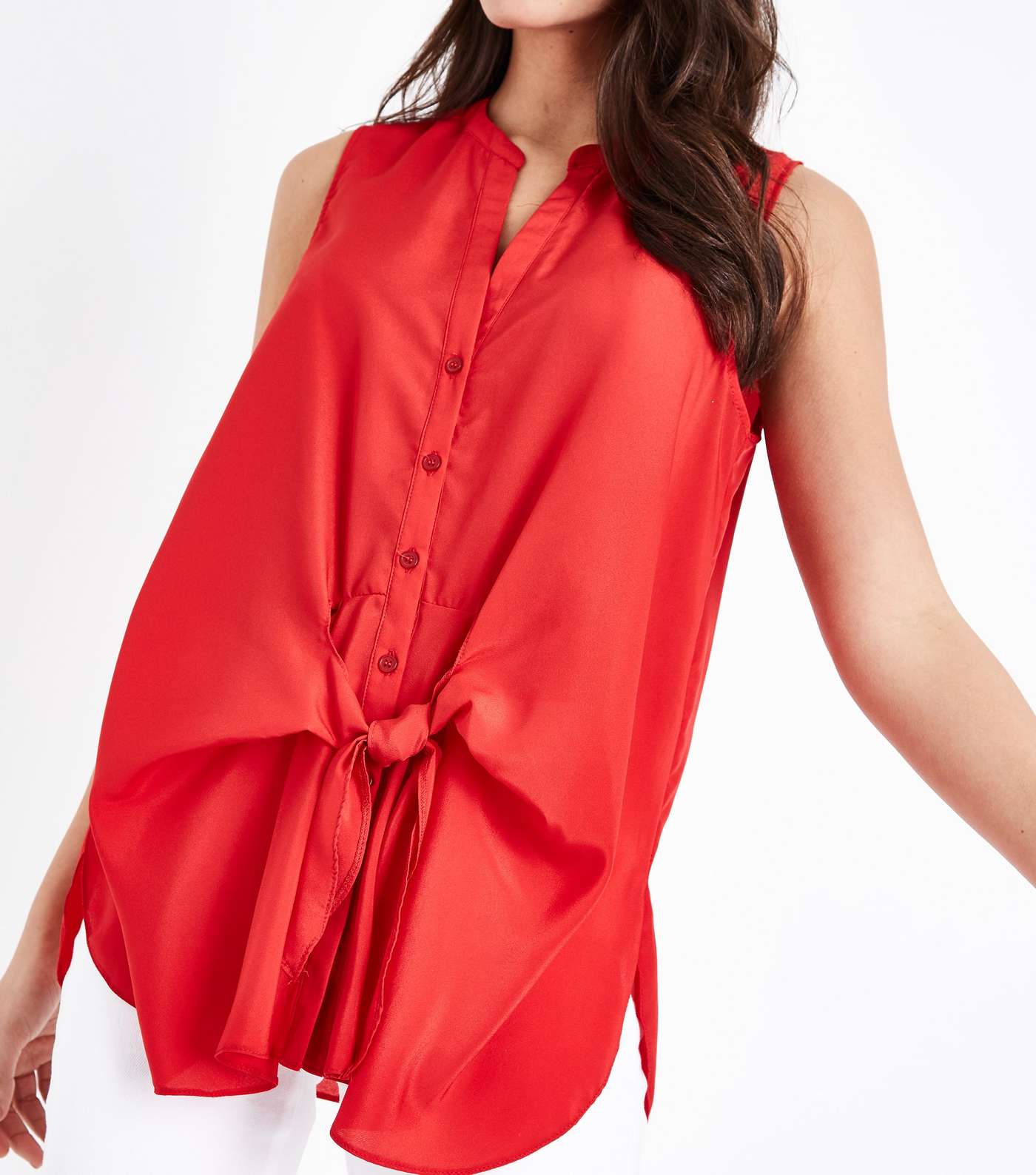 Red Tie Front Sleeveless Shirt Image 5