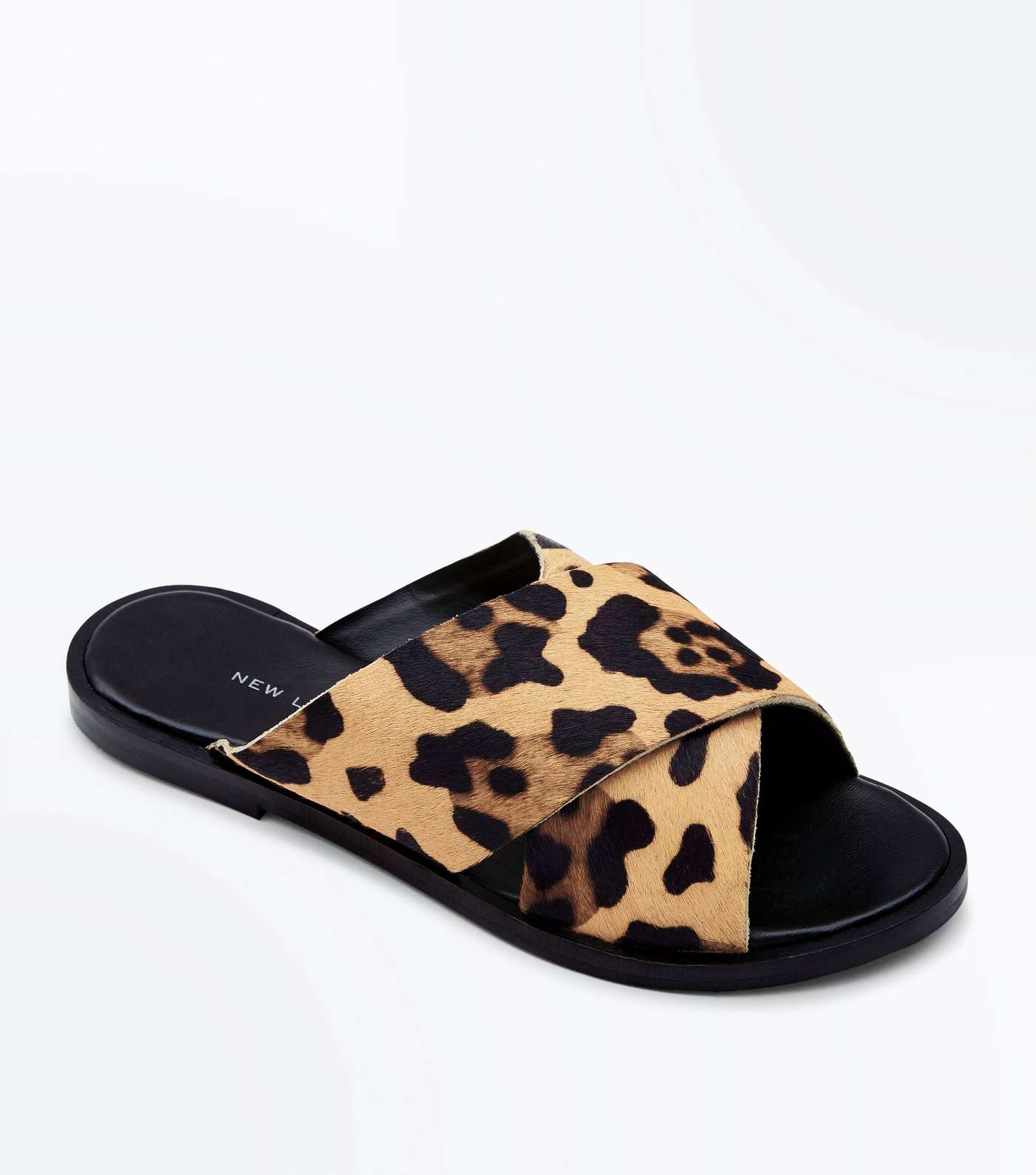 Wide Fit Stone Leather Leopard Print Sliders