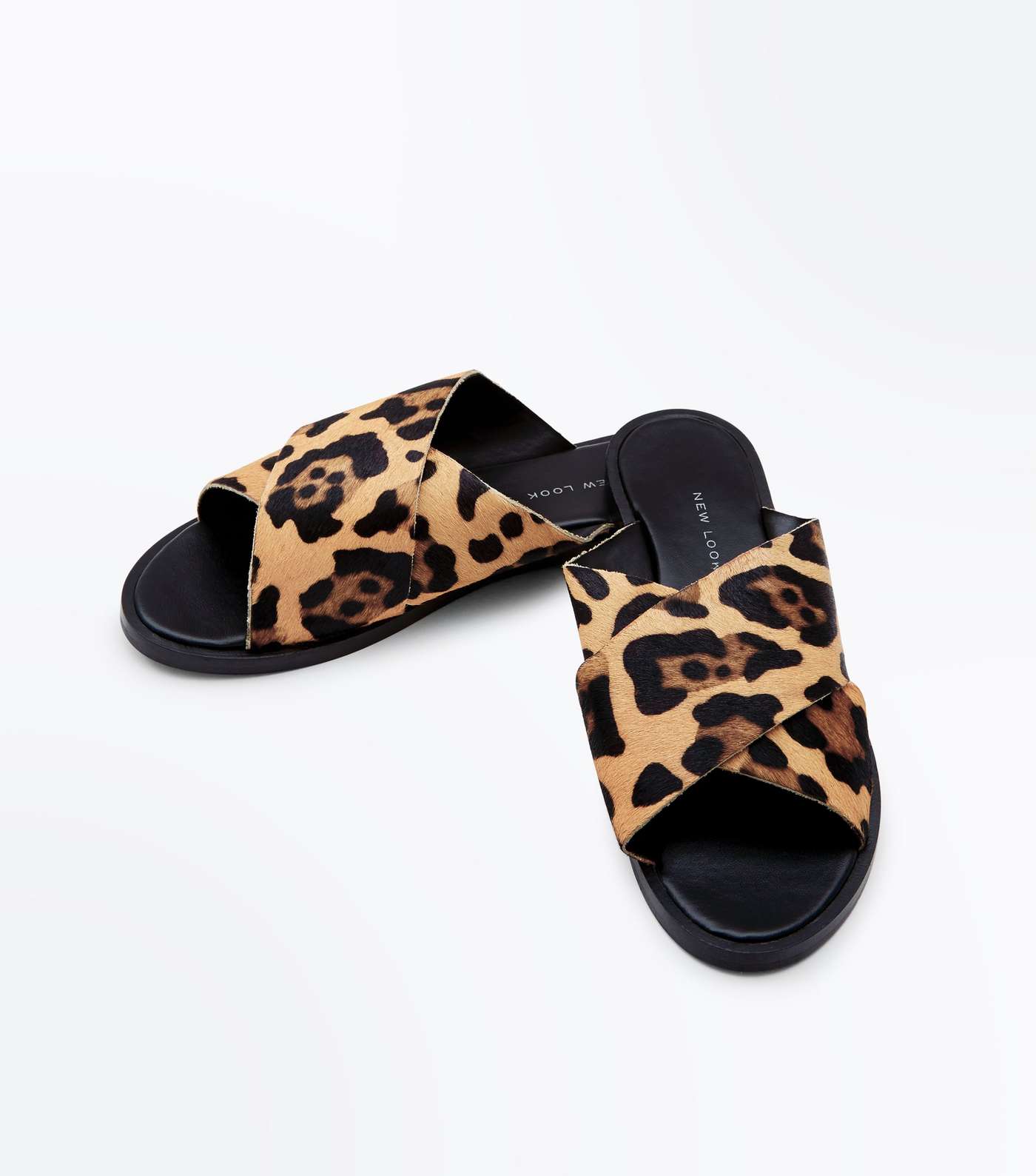 Wide Fit Stone Leather Leopard Print Sliders Image 3