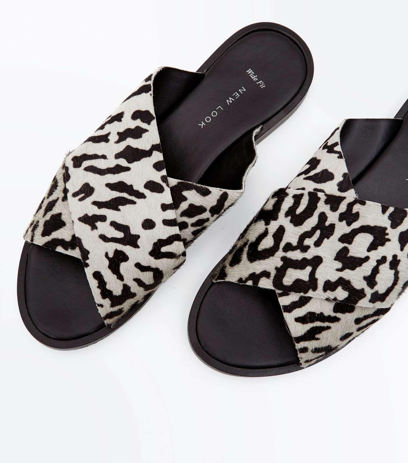 Wide Fit Cream Leather Leopard Print Sliders Image 4