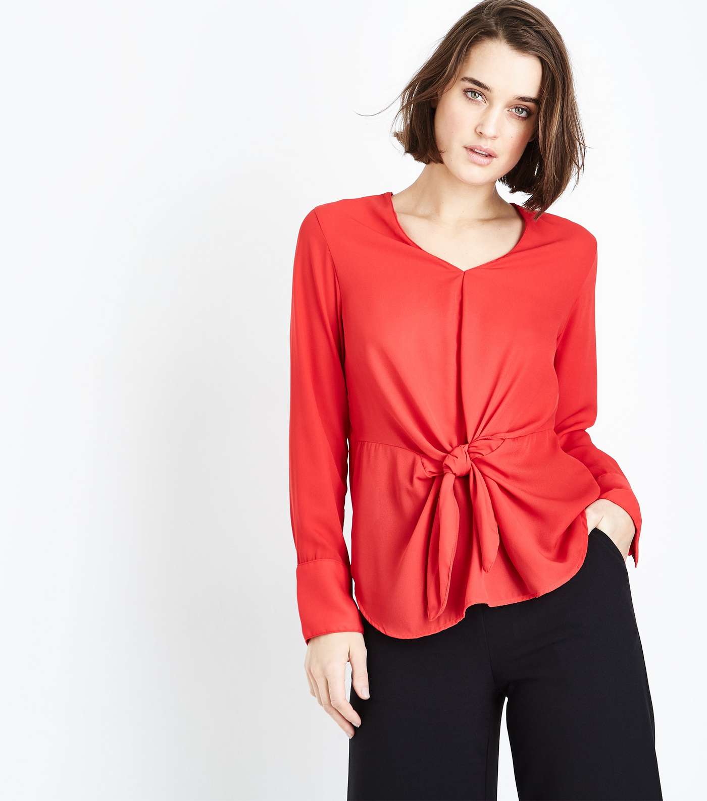 Red Long Sleeve Tie Front Top