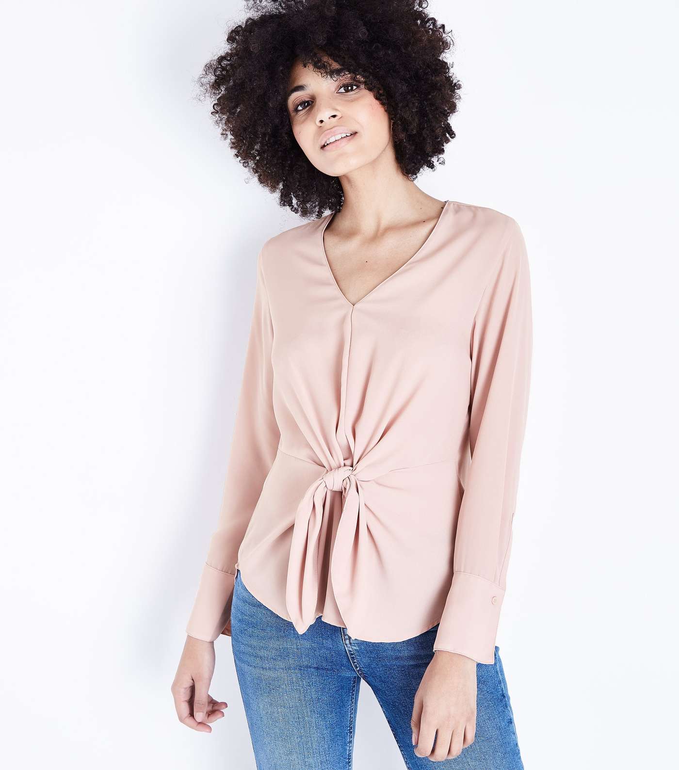 Pale Pink Long Sleeve Tie Front Top 