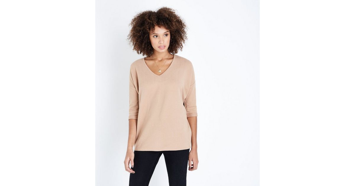 Camel V Neck Fine Knit Top | New Look