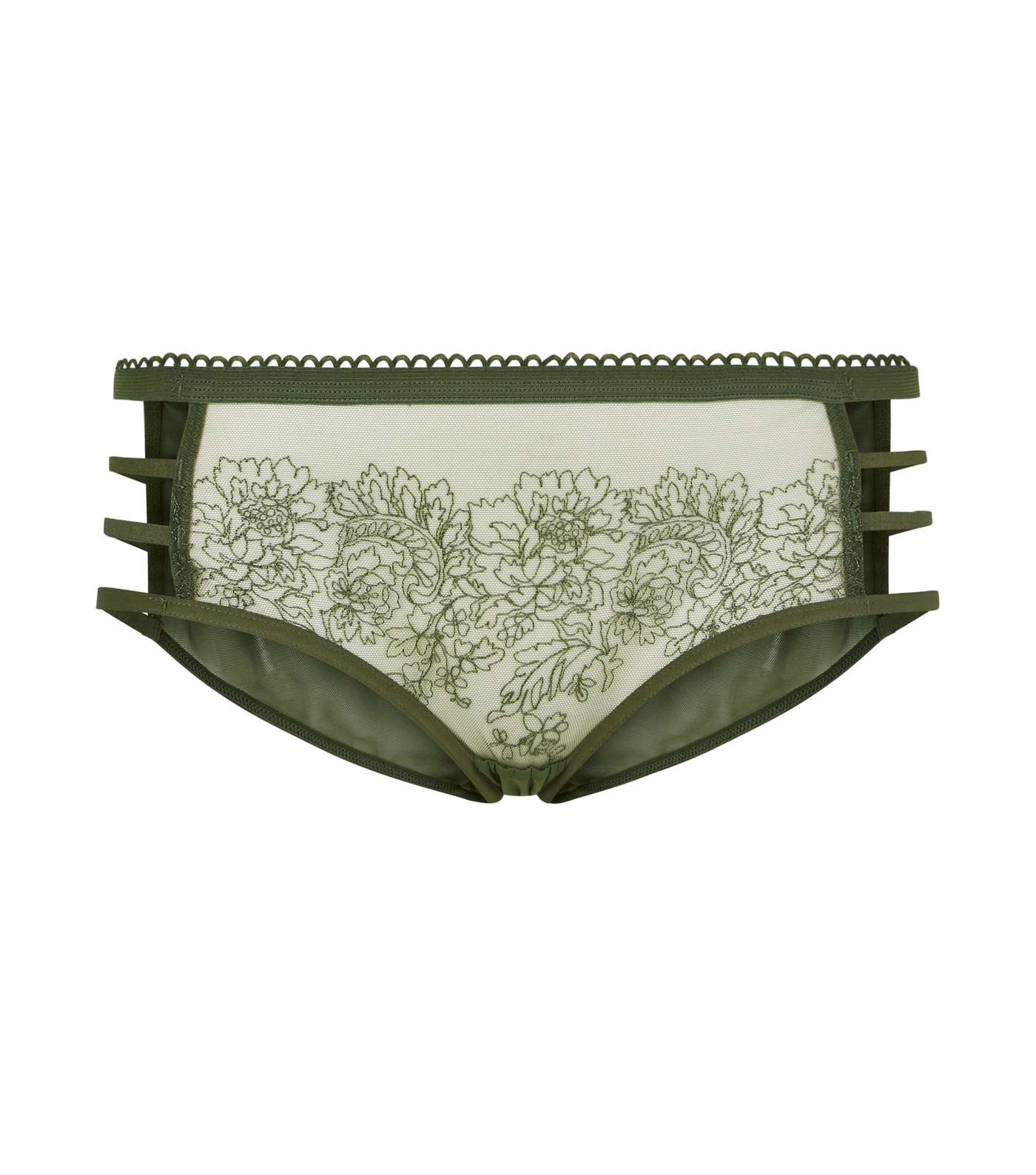 Khaki Floral Mesh Embroidered Strappy Briefs Image 4