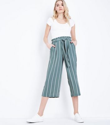 Green Stripe Cropped Paperbag Trousers 
