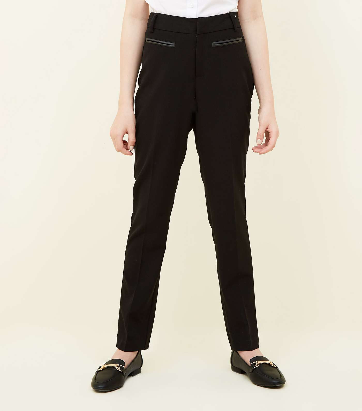 Girls Black Leather-Look Trim School Trousers Image 2