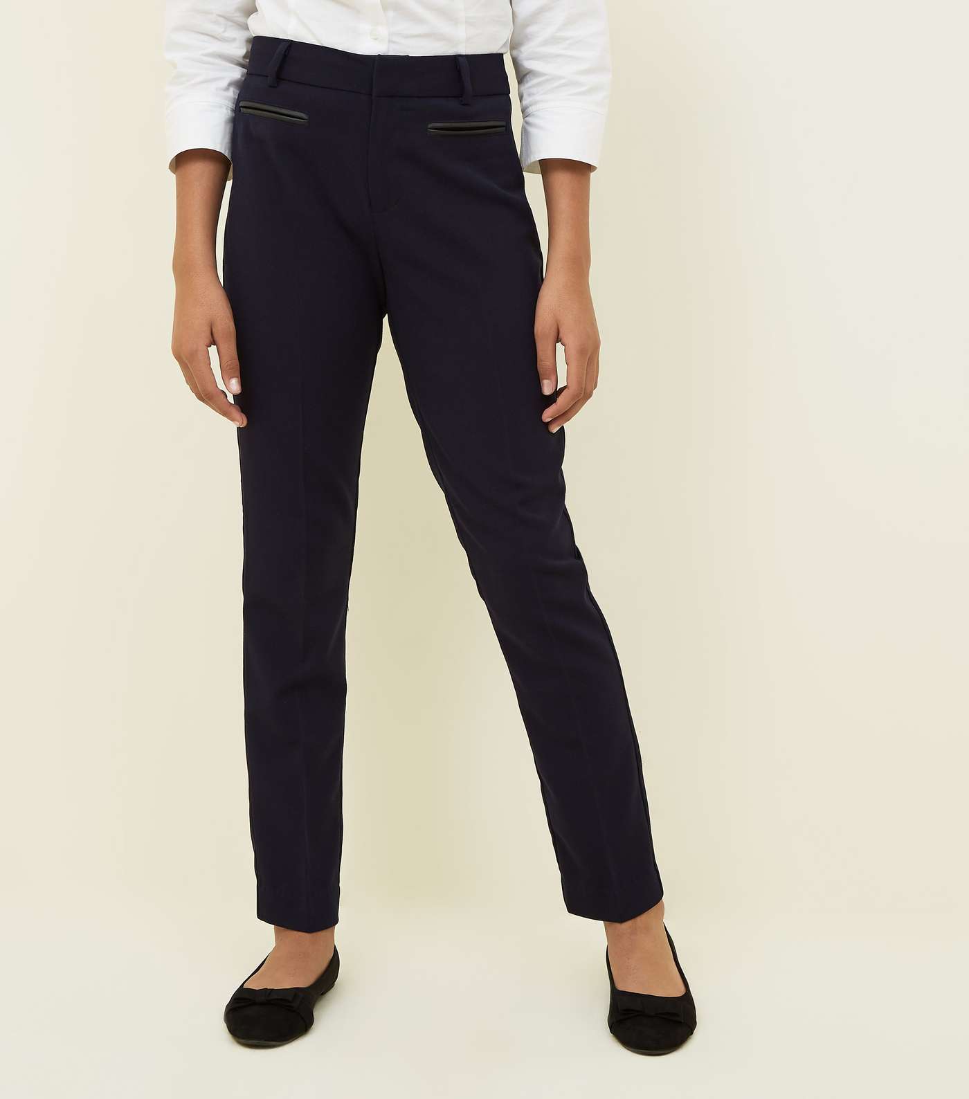 Girls Navy Leather-Look Trim Trousers Image 2