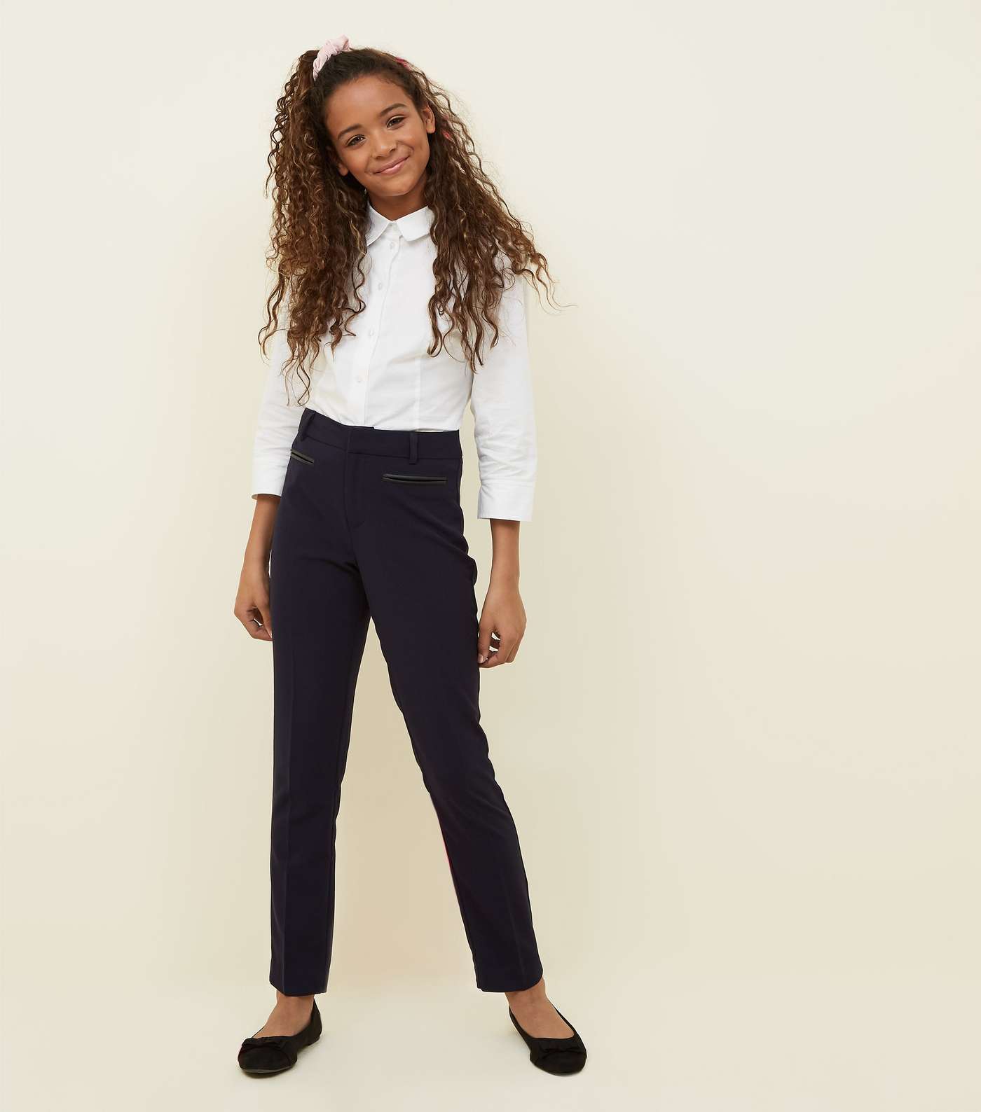 Girls Navy Leather-Look Trim Trousers Image 6