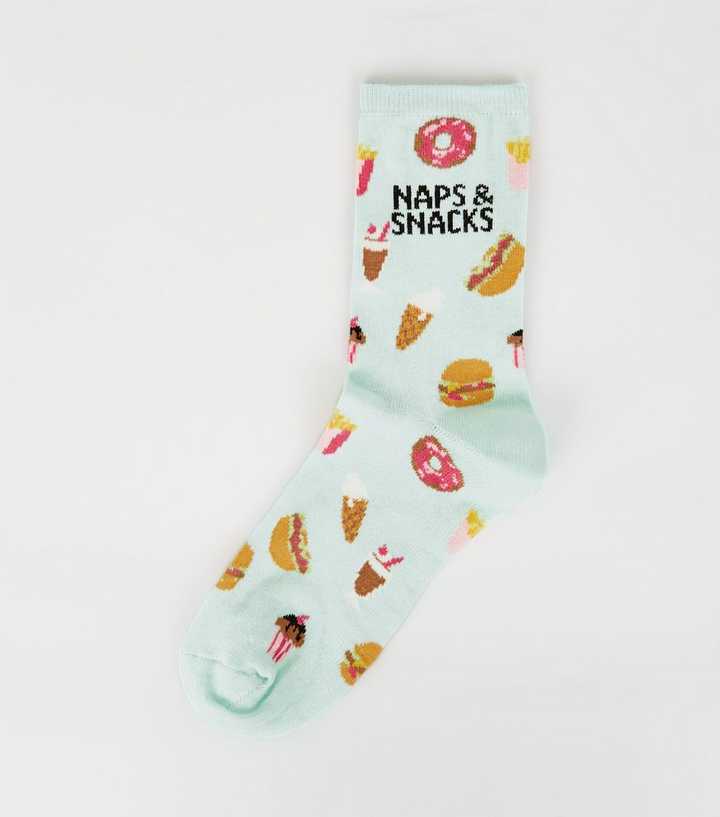 Mint Green Naps and Snacks Slogan Socks