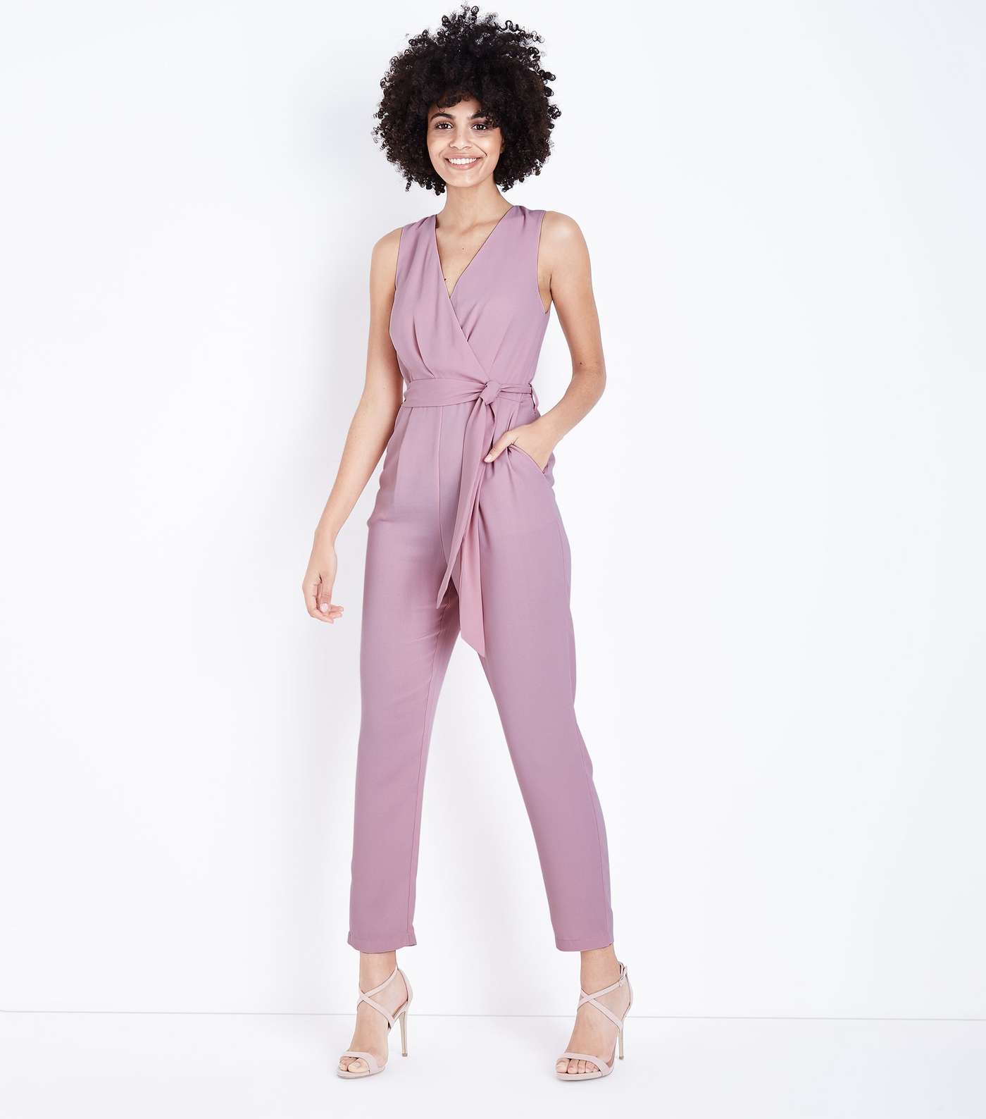 Mid Pink Sleeveless Wrap Front Belted Jumpsuit