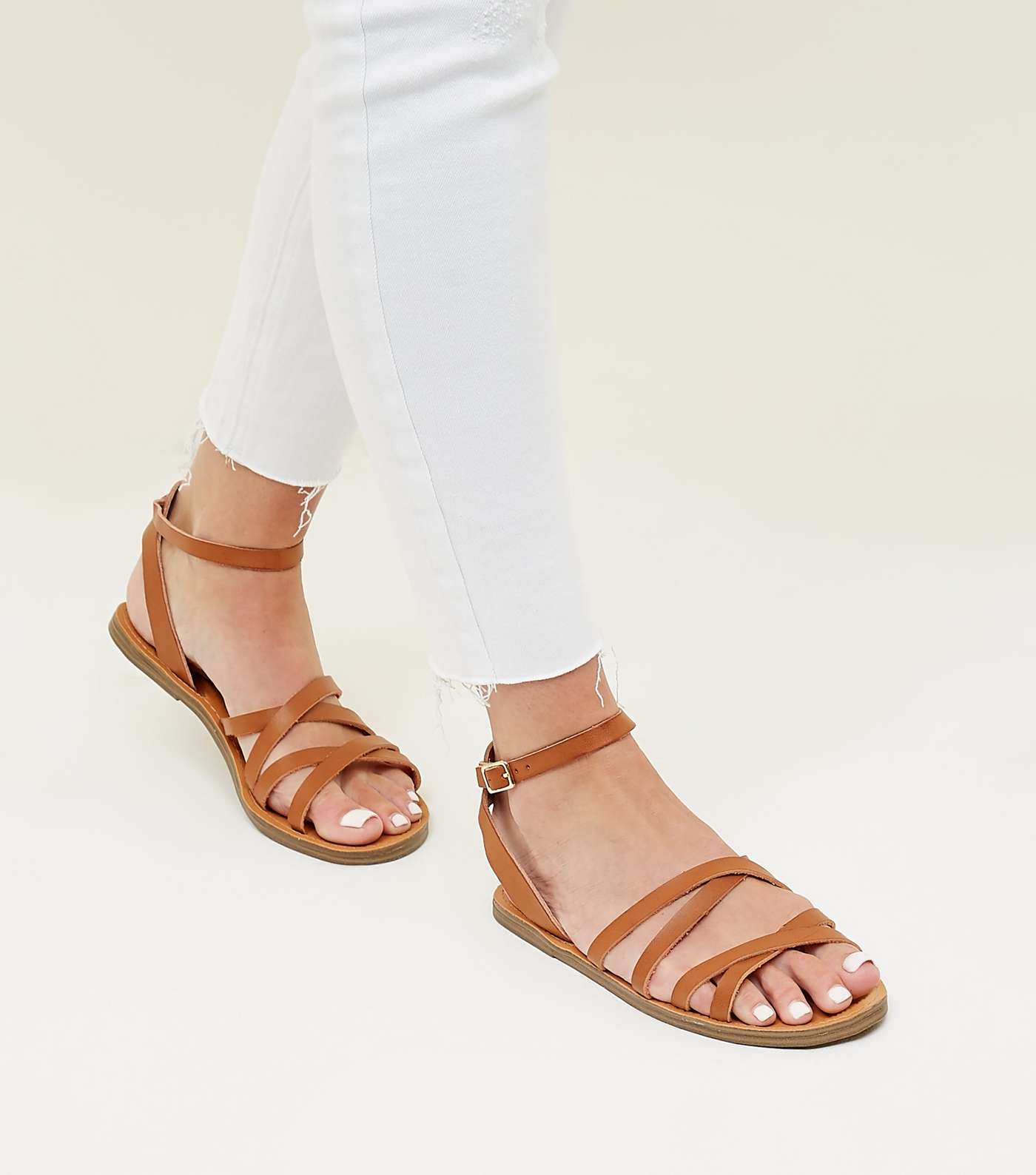 Tan Leather-Look Strappy Gladiator Flat Sandals Image 2