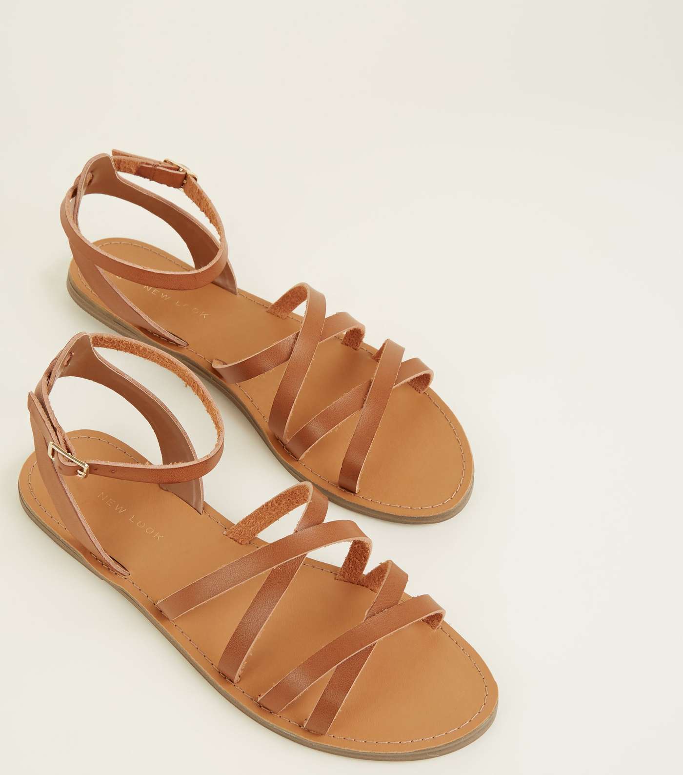 Tan Leather-Look Strappy Gladiator Flat Sandals Image 4