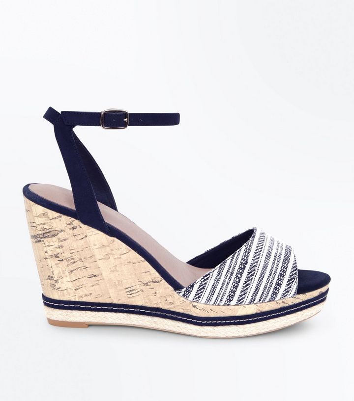 Navy Comfort Stripe Strap Peep Toe Wedges New Look