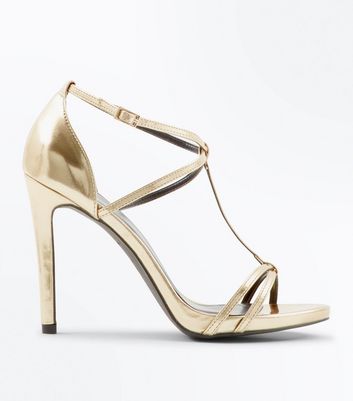 Gold Metallic T-Bar Stiletto Sandals | New Look