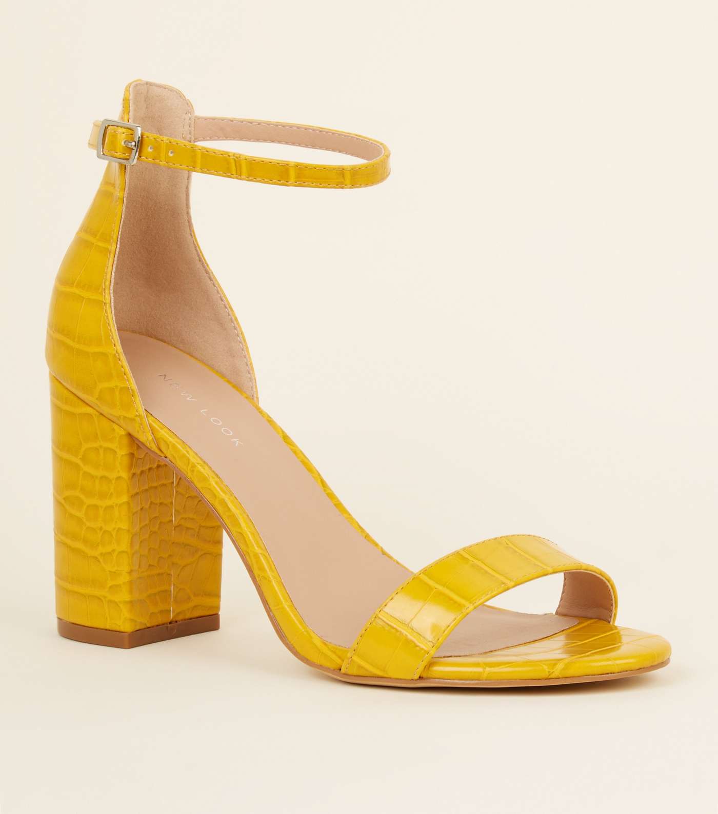 Yellow Faux Croc Block Heel Sandals