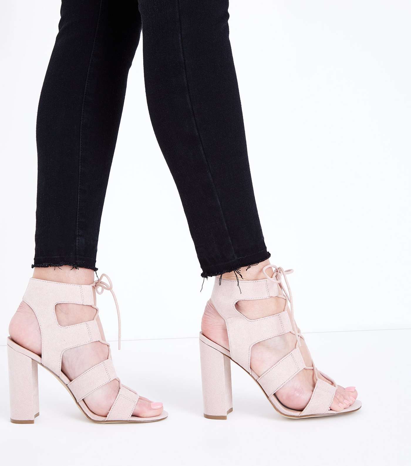 Nude Suedette Lace Up Cut-Out Block Heels Image 2