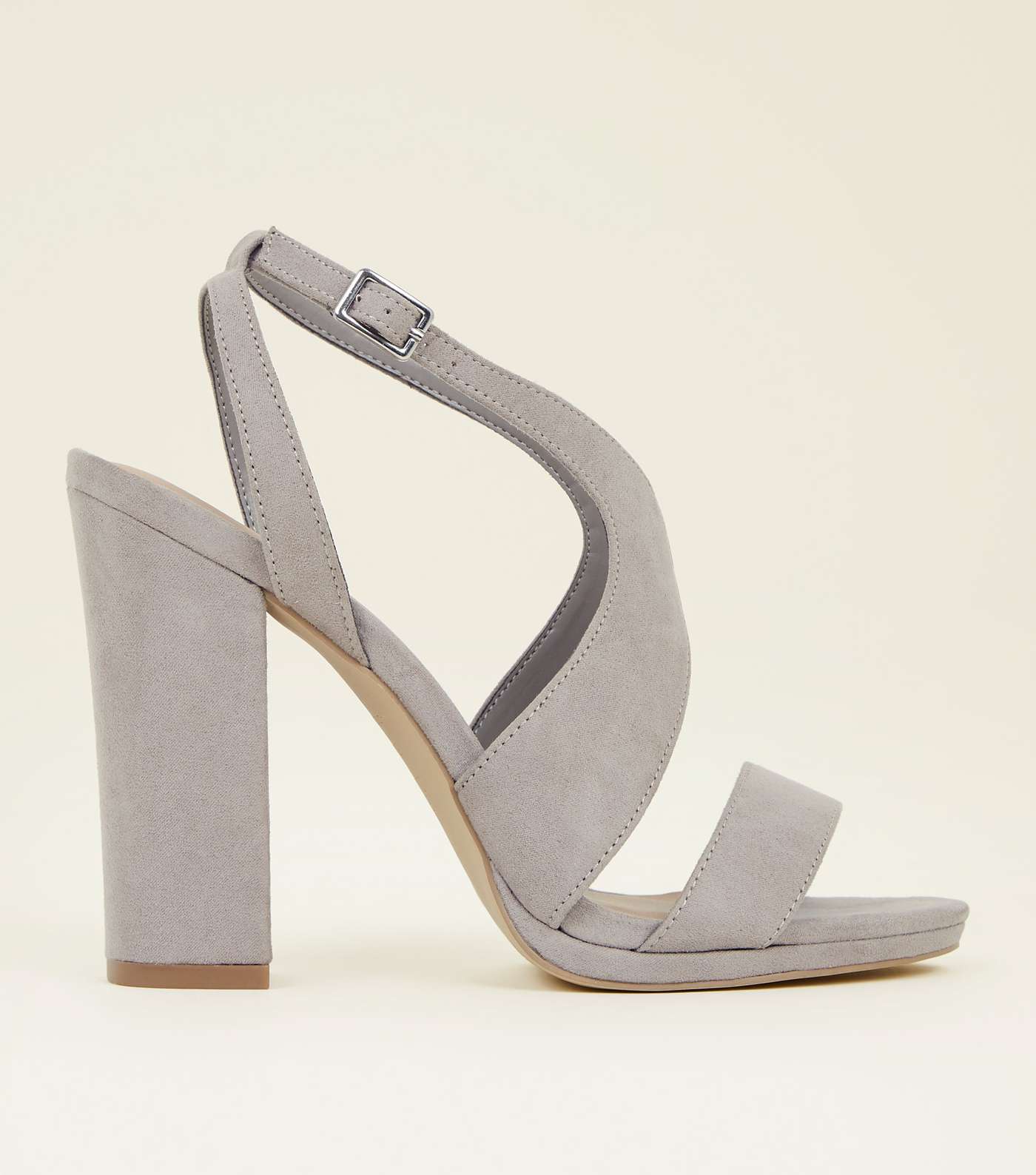Grey Suedette Curve Strap Block Heels