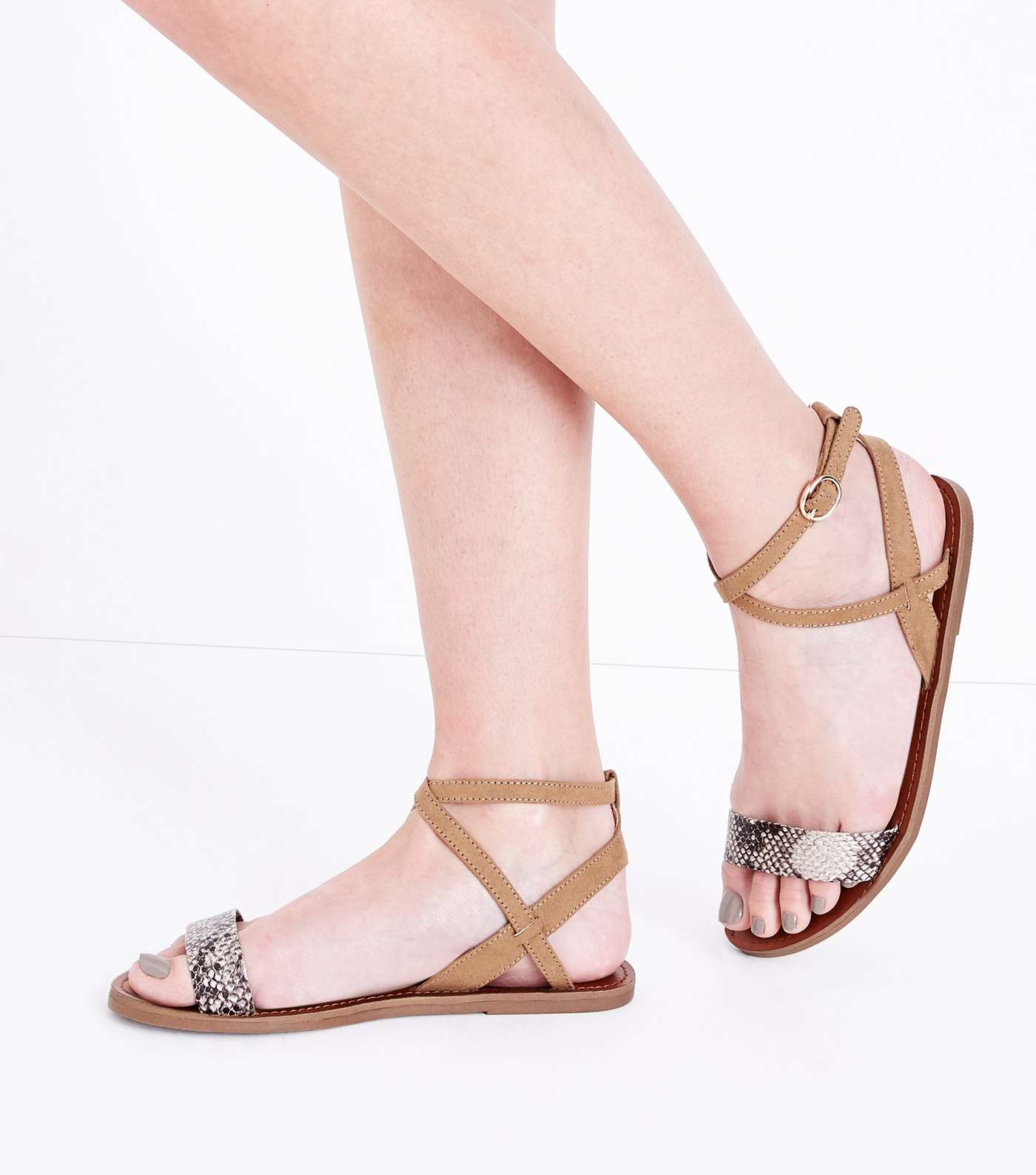Nude Faux Snake Strap Flat Sandals Image 2