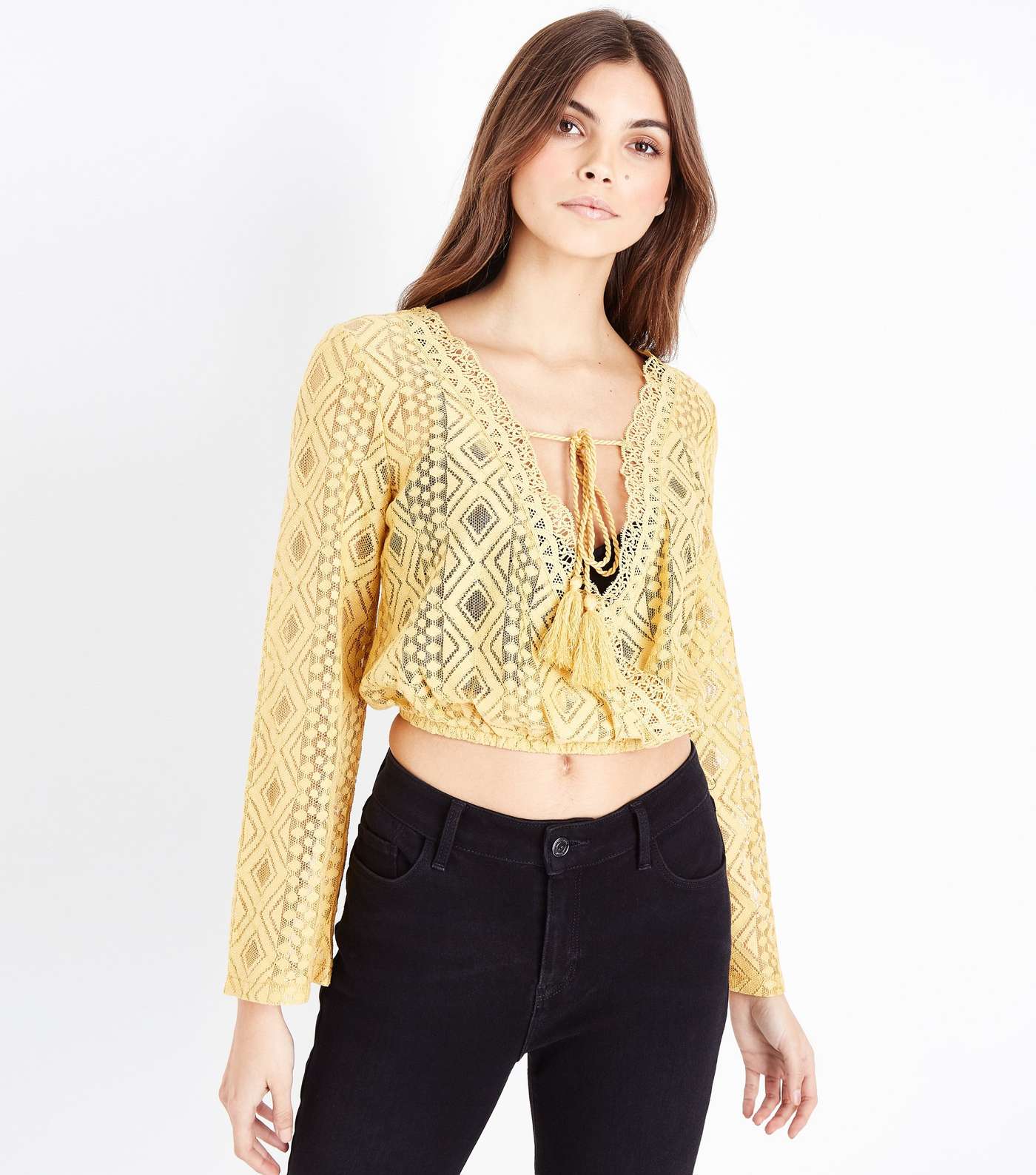 Mustard Yellow Lace Tassel Front Crop Top
