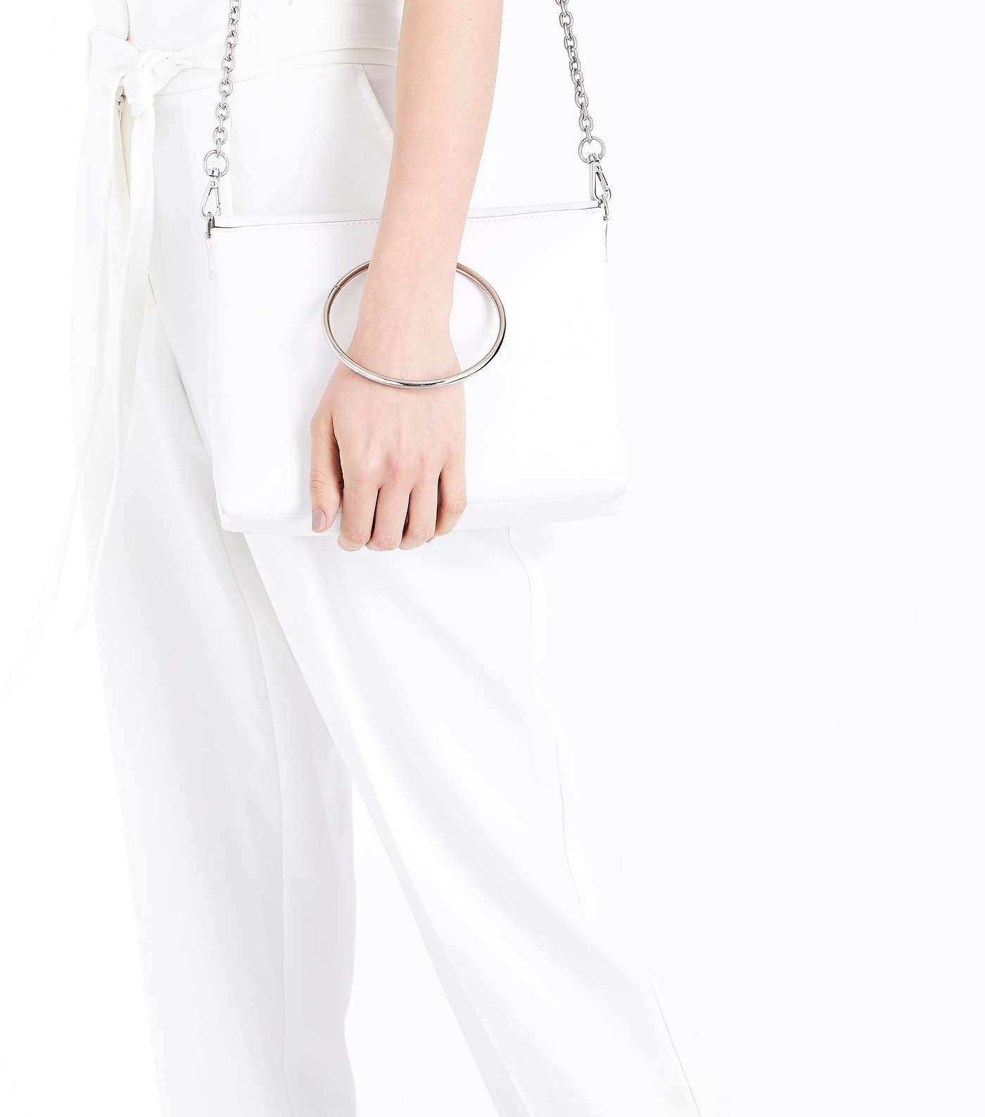 White Leather-Look Ring Handle Shoulder Bag Image 6