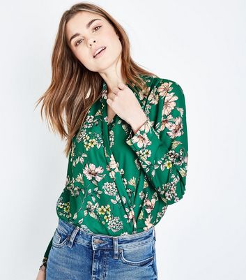 Green Floral Wrap Front Bodysuit | New Look