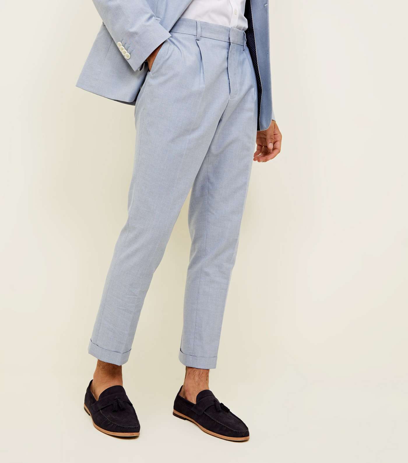 Blue Slim Fit Cropped Oxford Trousers