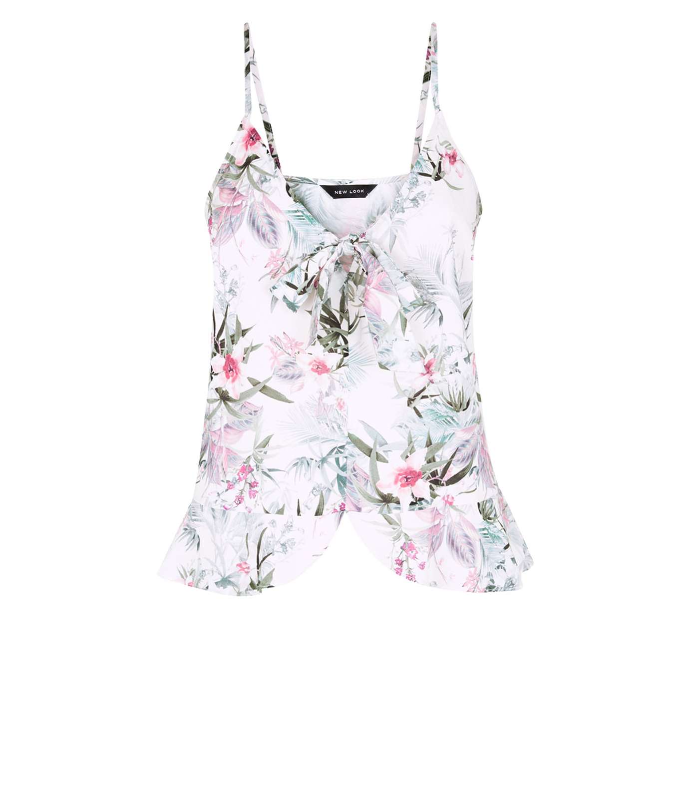 White Tropical Print Tie Front Cami Image 4