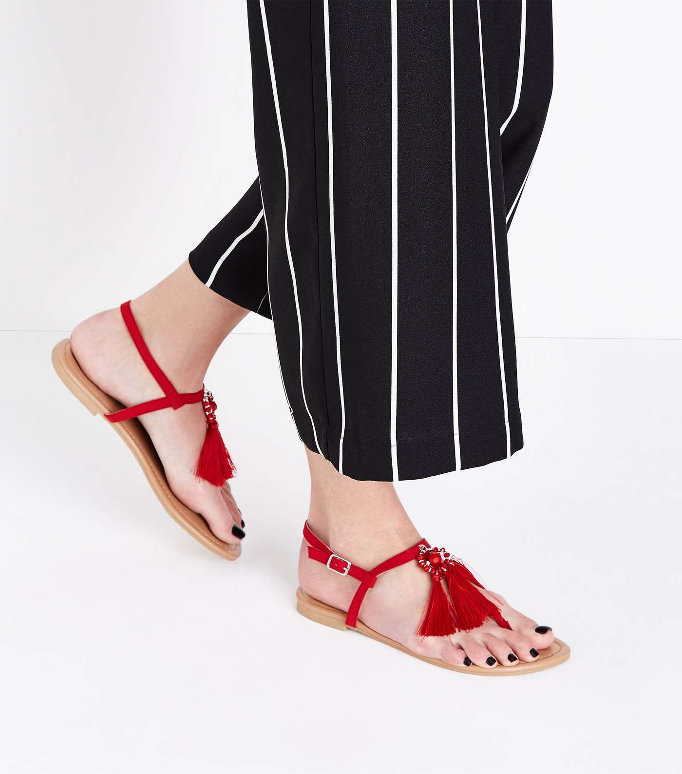 Wide Fit Red Suedette Tassel Sandals Image 2