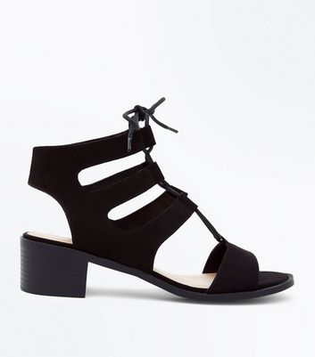 black suedette low block heel ghillie sandals